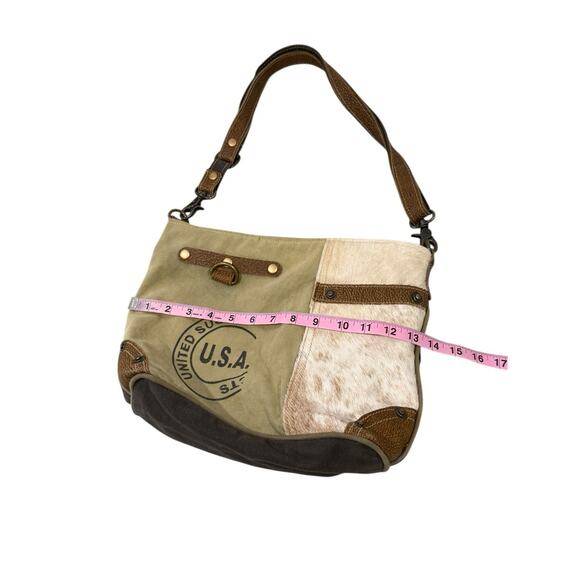 Myra Bag Factual Upcycled Canvas & Cowhide/Fur Shoulder Messenger Purse - Picture 3 of 8